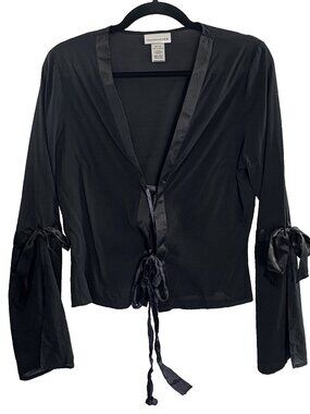 WAREHOUSE Women Silk Satin Tie Front Crop Bell Sleeve Blouse Sz 12 Black 39-3